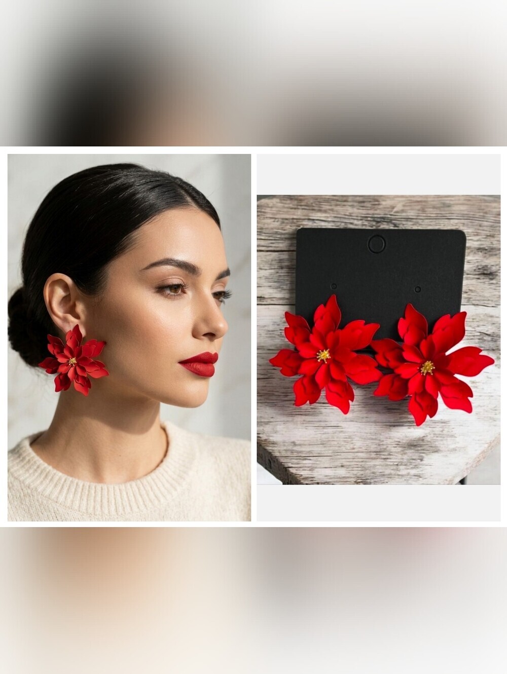 Red Floral Earrings Metal Flower Earrings - Picture 2 of 11